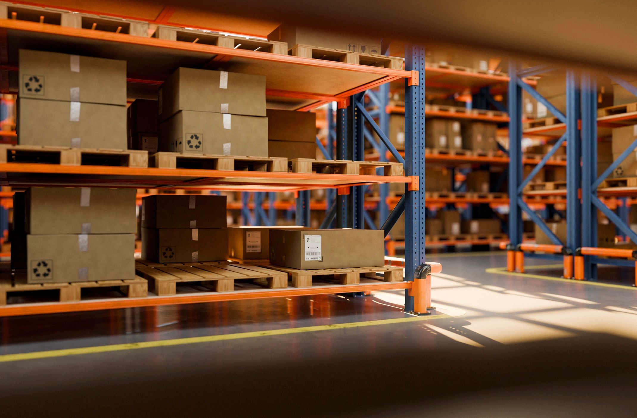 Warehouse distribution center with stacked boxes and shelving
